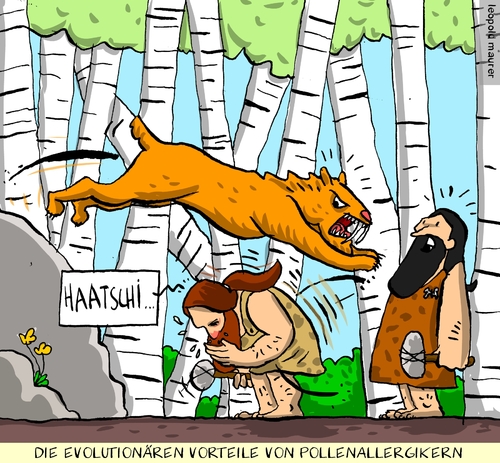 Cartoon: vorteile von pollenallergikern (medium) by leopold maurer tagged pollenallergie,pollen,allergie,heuschnupfen,evolution,steinzeit,säbelzahntiger,pollenallergie,pollen,allergie,heuschnupfen,evolution,steinzeit,säbelzahntiger