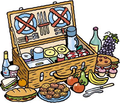 Cartoon: Food hamper (medium) by Ellis Nadler tagged food,hamper,plates,cutlery,basket,picnic,fruit,vegetables,drink,bottle,sandwich
