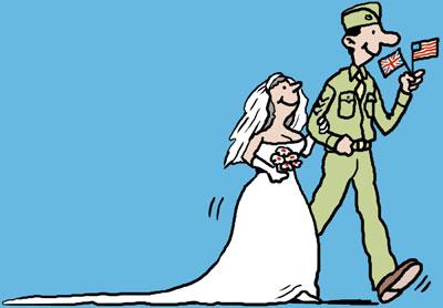 Cartoon: GI Bride (medium) by Ellis Nadler tagged bride,wedding,dress,soldier,gi,flags,groom,army,husband,wife,uniform,aisle