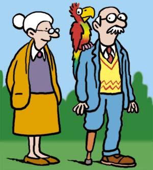 Cartoon: Grandad pirate (medium) by Ellis Nadler tagged parrot,bird,pet,shoulder,couple,moustache,grandfather,grandmother,grey,glasses,amputee,wooden,leg,pegleg,pirate,suit