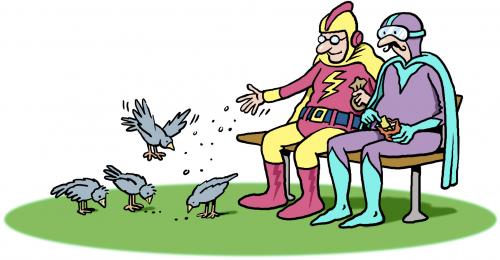 Cartoon: old superheroes (medium) by Ellis Nadler tagged superhero,hero,old,pensioner,retired,park,bench,birds,feed,pigeons,helmet,cape,goggles,couple,unemployed,redundant,uniform