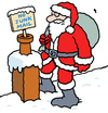Cartoon: Santa on roof foiled by sign (small) by Ellis Nadler tagged santa,claus,xmas,christmas,presents,sack,snow,roof,chimney,winter,beard,red,sign,junk,mail