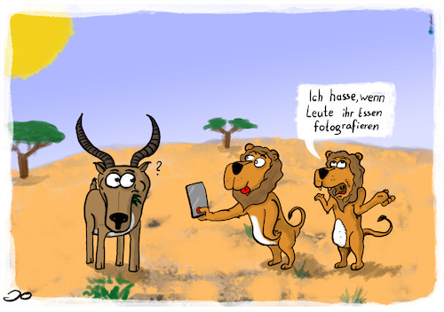 Cartoon: Safari Essens Foto (medium) by Grikewilli tagged safari,lion,löwe,antilope,handy,essens,post,instagram,sozialmedia,foto,food,smartphone,wüste