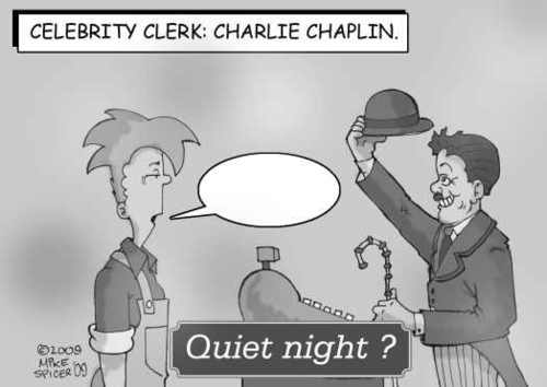 Cartoon: CELEBRITY CLERK--Charlie Chaplin (medium) by Mike Spicer tagged mike,spicer,celebrity,clerk,cartoon,caricature,comic,silent,film,humour