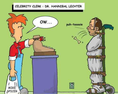 Cartoon: Celebrity Clerk Hannibal Lechter (medium) by Mike Spicer tagged mike,spicer,celebrity,clerks,parody,cartoon,satire,caricature,funny,comic