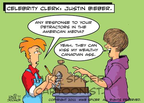 Cartoon: Celebrity Clerk The Biebs (medium) by Mike Spicer tagged celebrity,clerk,justinbieber,canda,popstars