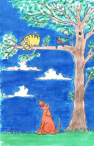 Cartoon: Sweet revenge! (medium) by Kerina Strevens tagged nature,enemies,friends,revenge,tree,bird,dog,cat