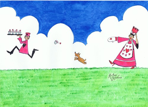 Cartoon: The Queen of Hearts (medium) by Kerina Strevens tagged queen,knave,hearts,run,chase,tarts,cakes,steal