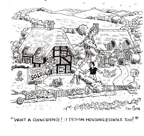 Cartoon: Cottages in the country (medium) by Ken tagged architects,zufall,design,besitztum,eigentum,beruf,grundstück,nachbarn,wohnen,verkaufen,verkauft,wohnanlage,architekten,gestaltung,handschlag,hände,schütteln,gemeinsamkeiten,landhaus,landschaft,land,häuschen,haus,heim,eigenheim