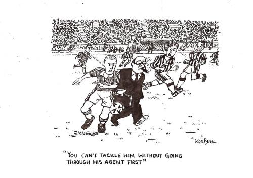 Cartoon: Football (medium) by Ken tagged football,fussball,fußball,angreifen,angriff,hindernis,barriere,schutz,geschützt,gerechtigkeit,ungerecht,spielfeld,fußballfeld,fussballfeld,spieler,mannschaft,fußballspieler,spiel,agent