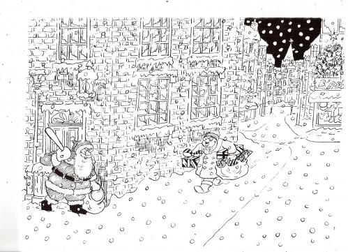 Cartoon: Santa being robbed (medium) by Ken tagged santa,weihnachtsmann,weihnachten,räuber,verbrecher,überfall,beute,sack,kriminalität,geschenke,bestehlen,diebstahl,schnee,stadt,heimtückisch,falle,straße,nacht,klauen,religion
