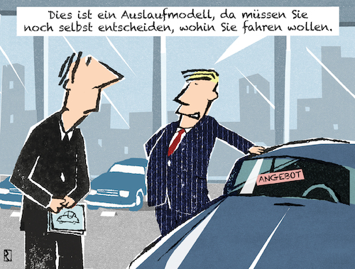 Cartoon: Auslaufmodell (medium) by Jan Rieckhoff tagged basismodell,einfach,ausfuehrung,angebot,elektronik,fahrassistent,fahrer,assistenzsystem,autonom,fahren,autopilot,auto,pkw,kraftfahrzeug,kfz,automobil,autokauf,autohändler,autohandel,autohersteller,unterstützung,programm,computer,sicherheit,komfort,black,box,daten,chip,cartoon,witz,zeichnung,comic,karikatur,jan,rieckhoff,basismodell,einfach,ausfuehrung,angebot,elektronik,fahrassistent,fahrer,assistenzsystem,autonom,fahren,autopilot,auto,pkw,kraftfahrzeug,kfz,automobil,autokauf,autohändler,autohandel,autohersteller,unterstützung,programm,computer,sicherheit,komfort,black,box,daten,chip,cartoon,witz,zeichnung,comic,karikatur,jan,rieckhoff