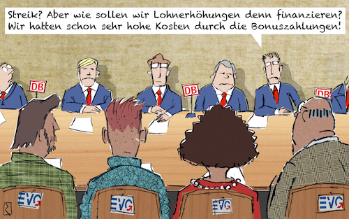 Cartoon: DB Streik (medium) by Jan Rieckhoff tagged deutsche,bahn,db,fahrplan,bahnverbindungen,streik,gewerkschaft,evg,verhandlungen,lohnerhöhung,lohnzahlung,bonus,bonuszahlungen,überhöht,millionen,euro,kosten,geld,beträge,hoch,vorstand,zugausfall,ausfaelle,zugverkehr,zugbetrieb,zugverbindung,schienenverkehr,auskunft,service,fahrplanaenderung,probleme,chaos,dauerkrise,fahrgast,warten,stress,bahnsteig,bahnhof,beschwerden,witz,cartoon,comic,karikatur,jan,rieckhoff,deutsche,bahn,db,fahrplan,bahnverbindungen,streik,gewerkschaft,evg,verhandlungen,lohnerhöhung,lohnzahlung,bonus,bonuszahlungen,überhöht,millionen,euro,kosten,geld,beträge,hoch,vorstand,zugausfall,ausfaelle,zugverkehr,zugbetrieb,zugverbindung,schienenverkehr,auskunft,service,fahrplanaenderung,probleme,chaos,dauerkrise,fahrgast,warten,stress,bahnsteig,bahnhof,beschwerden,witz,cartoon,comic,karikatur,jan,rieckhoff