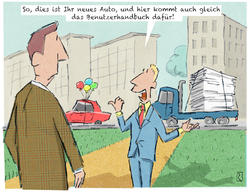 Cartoon: Handbuch (medium) by Jan Rieckhoff tagged auto,automobil,kfz,pkw,mobil,elektrofahrzeug,elektronik,elektronisch,fahrassistenten,hilfe,bedienung,ausstattung,anleitung,user,benutzer,handbuch,komplexität,kompliziert,autonom,smart,fahren,komfort,touchscreen,armaturen,gestensteuerung,sprachsteuerung,bedienungselement,steuerelement,display,cockpit,digital,navi,ablenkung,gefährdung,gefahr,aufmerksamkeit,überladung,überlastung,konzentration,kunde,autofahrer,fahrer,verkehrsteilnehmer,cartoon,comic,witz,karikatur,jan,rieckhoffi,auto,automobil,kfz,pkw,mobil,elektrofahrzeug,elektronik,elektronisch,fahrassistenten,hilfe,bedienung,ausstattung,anleitung,user,benutzer,handbuch,komplexität,kompliziert,autonom,smart,fahren,komfort,touchscreen,armaturen,gestensteuerung,sprachsteuerung,bedienungselement,steuerelement,display,cockpit,digital,navi,ablenkung,gefährdung,gefahr,aufmerksamkeit,überladung,überlastung,konzentration,kunde,autofahrer,fahrer,verkehrsteilnehmer,cartoon,comic,witz,karikatur,jan,rieckhoffi