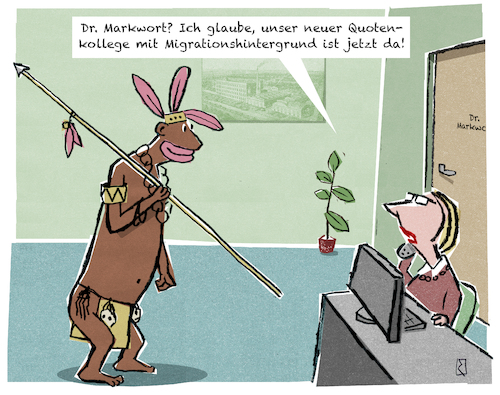 Cartoon: Migrant (medium) by Jan Rieckhoff tagged arbeitsplatz,job,anstellung,bewerbung,büro,firma,unternehmen,angestellter,kollegium,fremder,ausländer,migrant,migrationshintergrund,benachteiligung,ethnisch,hautfarbe,kultur,diskriminierung,sekretärin,assistentin,chef,boss,vorzimmer,dame,quote,beruf,cartoon,witz,zeichnung,comic,karikatur,humor,jan,rieckhoff,arbeitsplatz,job,anstellung,bewerbung,büro,firma,unternehmen,angestellter,kollegium,fremder,ausländer,migrant,migrationshintergrund,benachteiligung,ethnisch,hautfarbe,kultur,diskriminierung,sekretärin,assistentin,chef,boss,vorzimmer,dame,quote,beruf,cartoon,witz,zeichnung,comic,karikatur,humor,jan,rieckhoff