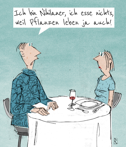 Cartoon: Nihilaner (medium) by Jan Rieckhoff tagged bio,gemüse,obst,pflanzen,kost,lebensmittel,ernährung,vegetarisch,vegan,veganer,vegetarier,nachhaltig,umwelt,bewusst,umweltschonend,fussabdruck,essen,speise,nahrung,achtsam,spirituell,überzeugt,überzeugung,konsequent,extrem,natürlich,gruen,grünzeug,restaurant,witz,cartoon,comic,karikatur,jan,rieckhoff,bio,gemüse,obst,pflanzen,kost,lebensmittel,ernährung,vegetarisch,vegan,veganer,vegetarier,nachhaltig,umwelt,bewusst,umweltschonend,fussabdruck,essen,speise,nahrung,achtsam,spirituell,überzeugt,überzeugung,konsequent,extrem,natürlich,gruen,grünzeug,restaurant,witz,cartoon,comic,karikatur,jan,rieckhoff