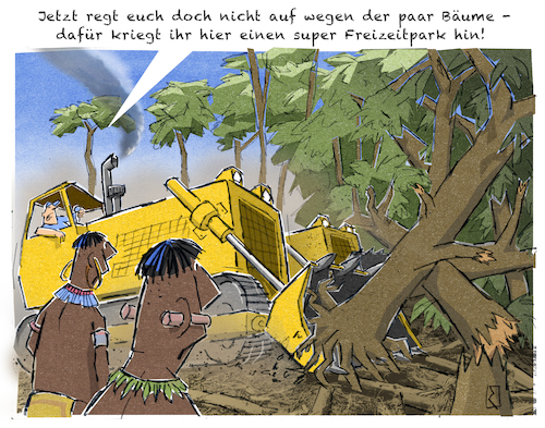 Cartoon: Regenwald (medium) by Jan Rieckhoff tagged regenwald,urwald,dschungel,wald,bäume,natur,rodung,vernichtung,zerstörung,planet,erde,grüne,lunge,amazonas,land,rauben,gewinn,gewinnstreben,monokultur,plantagen,südamerika,eingeborene,ureinwohner,indios,indianer,indigene,völker,ethnien,profit,unternehmer,rücksichtslos,ausbeutung,geld,niederwalzen,caterpillar,planierraupe,maschinen,umwelt,schutz,cartoon,comic,karikatur,witz,jan,rieckhoff,regenwald,urwald,dschungel,wald,bäume,natur,rodung,vernichtung,zerstörung,planet,erde,grüne,lunge,amazonas,land,rauben,gewinn,gewinnstreben,monokultur,plantagen,südamerika,eingeborene,ureinwohner,indios,indianer,indigene,völker,ethnien,profit,unternehmer,rücksichtslos,ausbeutung,geld,niederwalzen,caterpillar,planierraupe,maschinen,umwelt,schutz,cartoon,comic,karikatur,witz,jan,rieckhoff