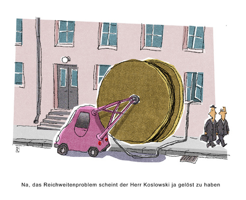 Cartoon: Reichweite (medium) by Jan Rieckhoff tagged kabel,kabeltrommel,auto,elektroauto,emobil,strom,co2,elektroantrieb,fossile,brennstoffe,umweltfreundlich,umwelt,sparsam,antrieb,elektrisch,batterie,reichweite,elektromotor,stromkosten,laden,aufladestation,cartoon,jan,rieckhoff,kabel,kabeltrommel,auto,elektroauto,emobil,strom,co2,elektroantrieb,fossile,brennstoffe,umweltfreundlich,umwelt,sparsam,antrieb,elektrisch,batterie,reichweite,elektromotor,stromkosten,laden,aufladestation,cartoon,jan,rieckhoff