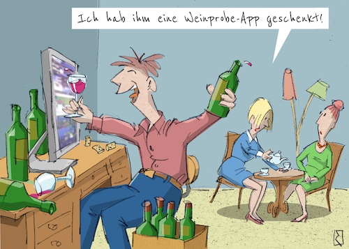 Cartoon: Weinprobe App (medium) by Jan Rieckhoff tagged wein,weinprobe,rotwein,roter,weißwein,weißer,tropfen,tröpfchen,trinken,betrinken,betrunken,getränk,alkohol,gehalt,prozente,saufen,säufer,schlürfen,picheln,flasche,sommelier,probieren,degustation,traube,traubensaft,rebe,kork,korken,jahrgang,geschmack,feinschmecker,trinker,sucht,suchtgefahr,flüssigkeit,gärung,gärungsprozess,maische,weinberg,anbau,reifung,qualität,qualitätswein,fassreifung,prädikat,klassifikation,weinkenner,weinkeller,kellermeister,keltern,kabinett,spätlese,auslese,beere,eiswein,süßwein,dessertwein,trocken,lieblich,herb,tannin,glas,app,digital,programm,computer,rechner,virtuell,internet,world,wide,web,www,desktop,laptop,bildschirm,cartoon,comic,witz,humor,karikatur,jan,rieckhoff,wein,weinprobe,rotwein,roter,weißwein,weißer,tropfen,tröpfchen,trinken,betrinken,betrunken,getränk,alkohol,gehalt,prozente,saufen,säufer,schlürfen,picheln,flasche,sommelier,probieren,degustation,traube,traubensaft,rebe,kork,korken,jahrgang,geschmack,feinschmecker,trinker,sucht,suchtgefahr,flüssigkeit,gärung,gärungsprozess,maische,weinberg,anbau,reifung,qualität,qualitätswein,fassreifung,prädikat,klassifikation,weinkenner,weinkeller,kellermeister,keltern,kabinett,spätlese,auslese,beere,eiswein,süßwein,dessertwein,trocken,lieblich,herb,tannin,glas,app,digital,programm,computer,rechner,virtuell,internet,world,wide,web,www,desktop,laptop,bildschirm,cartoon,comic,witz,humor,karikatur,jan,rieckhoff