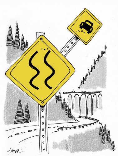 Cartoon: Dangerous Curves (medium) by r8r tagged road,highway,sign,safety,first,pass,yield,dangerous,slippery,curve,drive,driving,motoring,verkehr,verkehrsschilder,schilder,zeichen,straße,gefahr,gefährlich,sicherheit,auto,autos,straßenverkehr,serpentin,kurven,abgrund,berg,berge