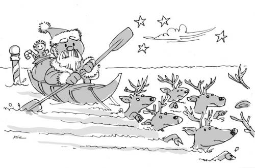 Cartoon: global warming Santa (medium) by r8r tagged merry,xmas,christmas,santa,kayak,reindeer,climate,change,global,warming,ice,age,toys,north,pole,eve