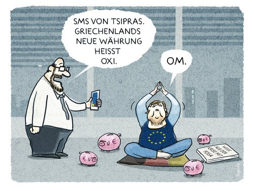 Cartoon: Krisensitzung (medium) by markus-grolik tagged krise,oxi,griechenland,tsipras,merkel,juncker,schulz,euro,euroraum,eurozone,währung,grexit,drachme,geld,schulden,sparen,schuldenschnitt,ezb,iwf,cartoon,grolik,troika