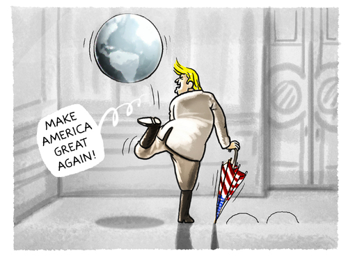 Cartoon: ... (medium) by markus-grolik tagged trump,usa,amerika,donald,wahlkampf,slogan,chaplin,charlie,diktator,trump,usa,amerika,donald,wahlkampf,slogan,chaplin,charlie,diktator