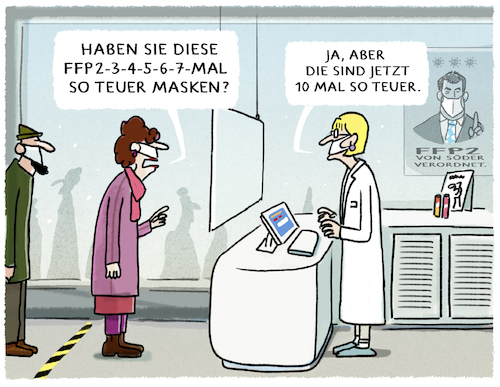 Cartoon: Apothekenpreise... (medium) by markus-grolik tagged masken,angebot,nachfrage,apotheken,drogerie,corona,pandemie,wucher,söder,bayern,maskenpflicht,ffp2,maskenzwang,csu,masken,angebot,nachfrage,apotheken,drogerie,corona,pandemie,wucher,söder,bayern,maskenpflicht,ffp2,maskenzwang,csu