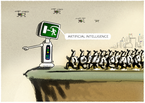 Cartoon: Ausweg  los.... (medium) by markus-grolik tagged künstliche,intelligenz,exit,artificial,intelligence,roboter,automaten,zukunft,abgrund,menschheit,arbeit,industrie,künstliche,intelligenz,exit,artificial,intelligence,roboter,automaten,zukunft,abgrund,menschheit,arbeit,industrie