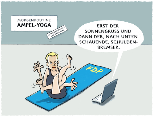 Cartoon: Blockade-Yoga (medium) by markus-grolik tagged yoga,weltyogatag,morgenroutine,lindner,fdp,ampel,schulbenbremse,deutschland,regierung,finanzen,investitionen,spd,gruene,berlin,sonnengruss,yoga,weltyogatag,morgenroutine,lindner,fdp,ampel,schulbenbremse,deutschland,regierung,finanzen,investitionen,spd,gruene,berlin,sonnengruss