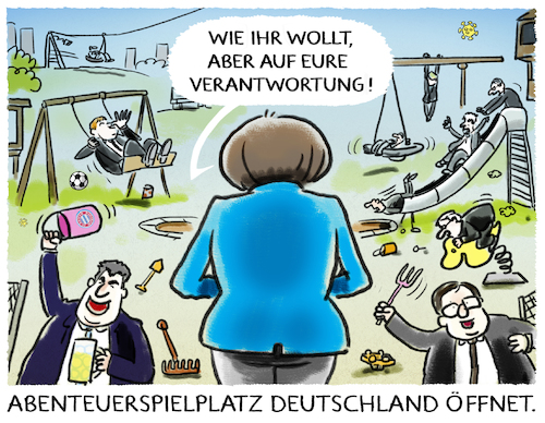 Cartoon: Corona-Lockerungen (medium) by markus-grolik tagged verantwortung,abenteuer,abenteuerspielplatz,ministerpraesidenten,corona,pandemie,merkel,soeder,laschet,spd,cdu,csu,groko,berlin,bund,laender,foerderalismus,verantwortung,abenteuer,abenteuerspielplatz,ministerpraesidenten,corona,pandemie,merkel,soeder,laschet,spd,cdu,csu,groko,berlin,bund,laender,foerderalismus