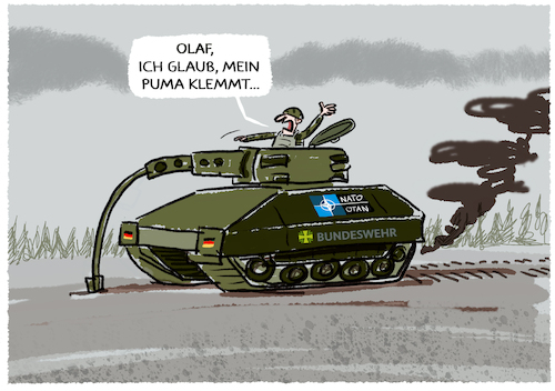 Cartoon: Pannenpanzer... (medium) by markus-grolik tagged schützenpanzer,zeitenwende,bundeswehr,rüstung,nato,natomitglied,deutschland,puma,ampel,lambrecht,verteidigungsministerium,ukraine,schützenpanzer,zeitenwende,bundeswehr,rüstung,nato,natomitglied,deutschland,puma,ampel,lambrecht,verteidigungsministerium,ukraine