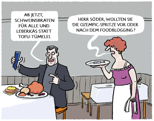 Cartoon: Bayerisches Foodfluencing..... (medium) by markus-grolik tagged soeder,csu,merz,agrarminister,rainer,kabinett,regierung,ernaehrung,landwirtschaftsminister,metzger,fleisch,leberkaes,tofu,oezdemier,deutschland,ozempic,foodblogger,soeder,csu,merz,agrarminister,rainer,kabinett,regierung,ernaehrung,landwirtschaftsminister,metzger,fleisch,leberkaes,tofu,oezdemier,deutschland,ozempic,foodblogger