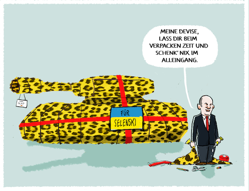 Cartoon: Deutsche Verpackungskunst... (medium) by markus-grolik tagged scholz,deutschland,leopard,kampfpanzer,unterstuetzung,europa,usa,joe,biden,ukraine,krieg,russland,nato,waffen,militaer,panzer,scholz,deutschland,leopard,kampfpanzer,unterstuetzung,europa,usa,joe,biden,ukraine,krieg,russland,nato,waffen,militaer,panzer