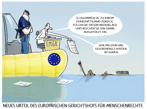 Cartoon: EGMR (medium) by markus-grolik tagged europaeischer,gerichtshof,fuer,menschenrechte,egmr,emgr,urteil,pushback,eu,grenzen,eurapa,assyl,fluechtlinge,bruessel,mittelmeer,spanien,weltfremdes,gerichtsurteil,klimawandel,europaeischer,gerichtshof,fuer,menschenrechte,egmr,emgr,urteil,pushback,eu,grenzen,eurapa,assyl,fluechtlinge,bruessel,mittelmeer,spanien,weltfremdes,gerichtsurteil,klimawandel