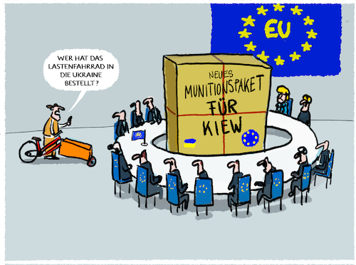 Cartoon: EU beschliesst Munitionspaket (medium) by markus-grolik tagged eu,munitionspaket,ukraine,krieg,12,monate,lieferzeit,lastenfahrrad,europa,langsamkeit,buerokratie,verwaltung,beschluesse,eu,munitionspaket,ukraine,krieg,12,monate,lieferzeit,lastenfahrrad,europa,langsamkeit,buerokratie,verwaltung,beschluesse