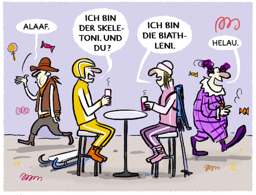 Cartoon: Fasching-Olympia... (medium) by markus-grolik tagged olympia,fasching,rosenmontag,faschingsdienstag,skeletoni,biathlon,olympia,fasching,rosenmontag,faschingsdienstag,skeletoni,biathlon