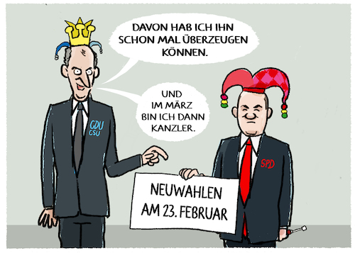 Cartoon: Faschingsprinzen... (medium) by markus-grolik tagged neuwahlen,wahltermin,scholz,merz,cdu,csu,union,spd,vertrauensfrage,bundestag,wahl,termin,februar,maerz,karneval,fasching,neuwahlen,wahltermin,scholz,merz,cdu,csu,union,spd,vertrauensfrage,bundestag,wahl,termin,februar,maerz,karneval,fasching