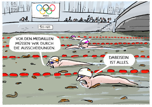 Cartoon: Freiwasserschwimmen in Paris (medium) by markus-grolik tagged olympischen,spiele,freiwasserschwimmen,seine,wasserqualitaet,kanalisation,wasser,klaeranlage,medaillen,ausscheidungen,finale,olympischen,spiele,freiwasserschwimmen,seine,wasserqualitaet,kanalisation,wasser,klaeranlage,medaillen,ausscheidungen,finale