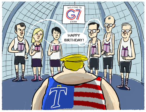 Cartoon: G7-Ständchen... (medium) by markus-grolik tagged evian,g7,treffen,usa,europa,japan,kanada,nato,westen,weltlage,iran,krieg,ukraine,trump,ufc,kaefigkampf,politik,zusammenarbeit,evian,g7,treffen,usa,europa,japan,kanada,nato,westen,weltlage,iran,krieg,ukraine,trump,ufc,kaefigkampf,politik,zusammenarbeit