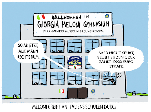 Cartoon: Giorgia Melonis Schulpolitik (medium) by markus-grolik tagged meloni,italien,rechtsruck,schule,bildung,betragensnote,mussolini,meloni,italien,rechtsruck,schule,bildung,betragensnote,mussolini