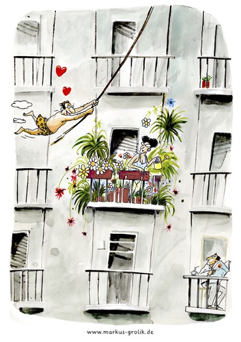 Cartoon: Großstadtdschungel (medium) by markus-grolik tagged balkon,tarzan,city,life,love,jungle,fever,garten,balkon,tarzan,city,life,love,jungle,fever,garten