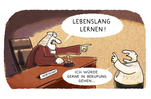 Cartoon: Höchststrafe (medium) by markus-grolik tagged wirtschaft,lebenslang,lernen,zwang,arbeitnehmer,chef,arbeitgeber,pflicht,fortbildung,wohin,qualifikation,ausstieg,weiterbildung,einkommen,cartoon,grolik