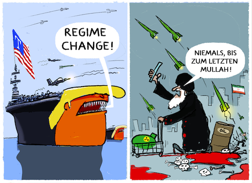 Cartoon: Kampf um den Iran... (medium) by markus-grolik tagged usa,iran,mullah,trump,flugzeugtraeger,militaer,atombombe,uran,anreicherung,krieg,militaerschlag,naher,osten,teheran,israel,regime,change,terror,usa,iran,mullah,trump,flugzeugtraeger,militaer,atombombe,uran,anreicherung,krieg,militaerschlag,naher,osten,teheran,israel,regime,change,terror