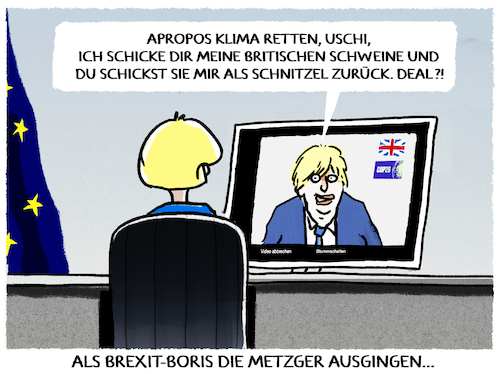 Cartoon: Klimapolitik (medium) by markus-grolik tagged boris,johnson,brexit,cop26,klima,schweine,schnweinefleisch,metzger,schnitzel,eu,ursula,von,der,leyen,brüssel,london,england,niedriglohnsektor,boris,johnson,brexit,cop26,klima,schweine,schnweinefleisch,metzger,schnitzel,eu,ursula,von,der,leyen,brüssel,london,england,niedriglohnsektor