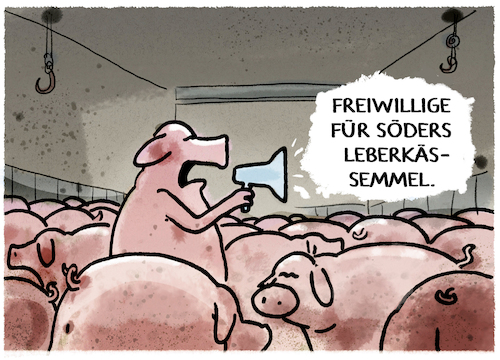 Cartoon: Leberkäs statt Tofu-Tümelei... (medium) by markus-grolik tagged bundeslandwirtschaftsminister,alois,rainer,bauernverband,lobby,bayern,csu,soeder,ernaehrung,metzger,konsum,schnitzel,leberkäs,fleisch,vegan,fleischlos,tierhaltung,schweine,schweinefleisch,tofu,vegetarisch,söder,bundeslandwirtschaftsminister,alois,rainer,bauernverband,lobby,bayern,csu,soeder,ernaehrung,metzger,konsum,schnitzel,leberkäs,fleisch,vegan,fleischlos,tierhaltung,schweine,schweinefleisch,tofu,vegetarisch,söder