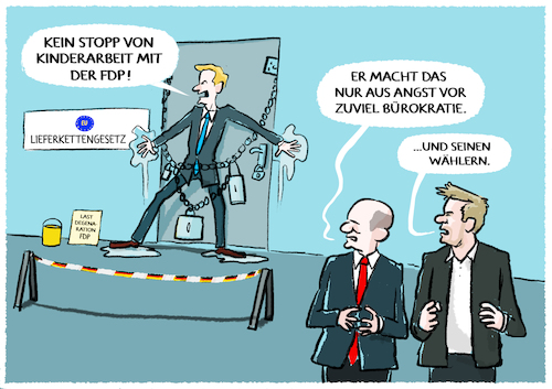 Cartoon: Lieferkettengesetzblockierer (medium) by markus-grolik tagged lieferkettengesetz,blockade,kinderarbeit,menschenrechte,lieferkette,buerokratie,eu,europa,fdp,lindner,buschmann,ampel,spd,gruene,unternehmen,mittelstand,nachweispflicht,lieferkettengesetz,blockade,kinderarbeit,menschenrechte,lieferkette,buerokratie,eu,europa,fdp,lindner,buschmann,ampel,spd,gruene,unternehmen,mittelstand,nachweispflicht