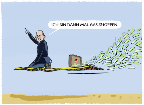 Cartoon: LNG-Einkaufstour (medium) by markus-grolik tagged scholz,arabien,katar,gas,oel,wasserstoff,lng,deutschland,wirtschaft,industrie,waffenverkauf,menschenrechte,golfstaaten,mohammed,bin,salman,scholz,arabien,katar,gas,oel,wasserstoff,lng,deutschland,wirtschaft,industrie,waffenverkauf,menschenrechte,golfstaaten,mohammed,bin,salman