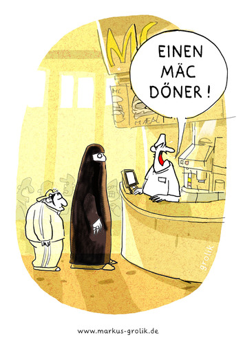 Cartoon: Mac Döner (medium) by markus-grolik tagged integration,fast,food,schnellrestaurant,döner,doener,burka,türkei,türke,türkin,deutschland,imbiss,verzehr