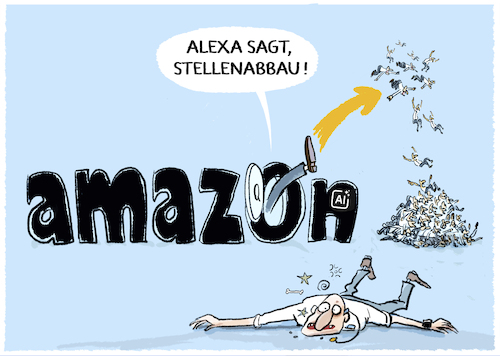 Cartoon: Massenentlassungen bei Amazon (medium) by markus-grolik tagged jeff,bezos,automatisierung,massenentlassungen,stellenabbau,amazon,ki,ai,künstliche,intelligenz,amazonq,alexa,jobs,mitarbeiter,jeff,bezos,automatisierung,massenentlassungen,stellenabbau,amazon,ki,ai,künstliche,intelligenz,amazonq,alexa,jobs,mitarbeiter
